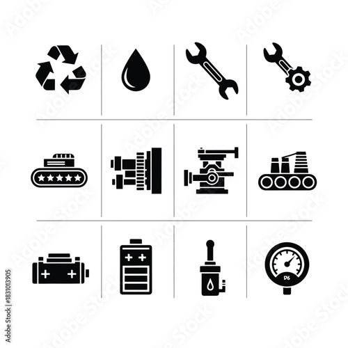 Set of industrial icons black glyph vector symbols for manufacturing and engineering isolated on whi