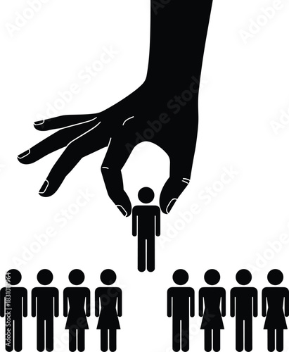 Human selection concept showing large hand picking individual from crowd representing recruitment choice leadership decision hiring process symbolism illustration design