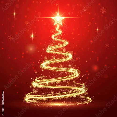 Sparkling Christmas tree with golden light trails, radiating holiday joy and festive spirit for elegant seasonal designs and promotional campaigns