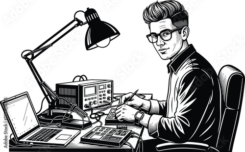 Illustration of young engineer working at electronics workstation with tools, laptop, oscilloscope, soldering equipment, testing circuits and creating technical designs