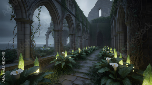 A magical pathway winding through an
ancient, overgrown garden. Cascading pink wisteria and ivy drape over stone archways, leading towards a soft, ethereal light in the distance. Lush greenery, vibran