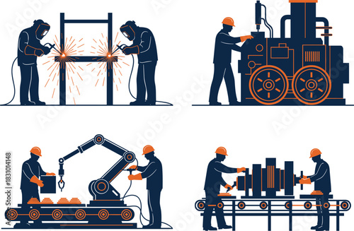 Industrial factory workers operating machinery, welding metal structures, using robotic arms and assembly lines in manufacturing process illustration for engineering concepts