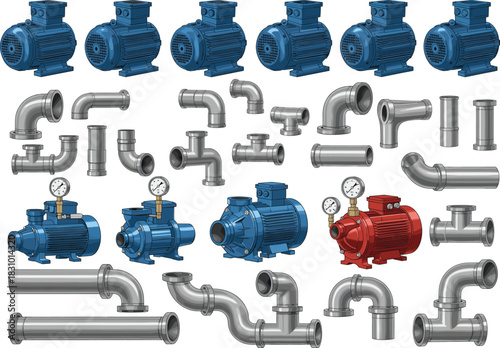 Industrial pumps and metal pipe fittings illustration set featuring motor pumps, gauges, connectors and plumbing components for engineering, mechanical, factory and construction use
