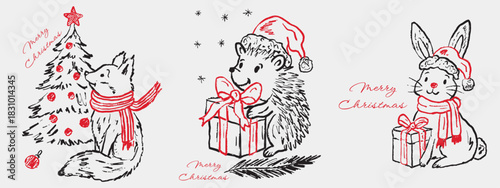 Winter Christmas animals hedgehog, fox and hare in festive holiday vibe. Vector sketch illustration in vintage crayon charcoal style. Christmas tree, wrapped gift box. Greeting cards design