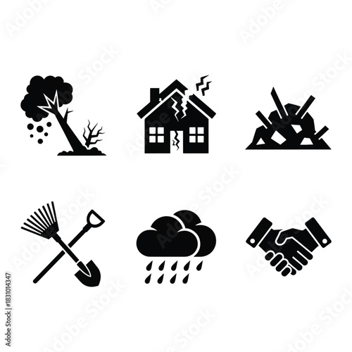 Set of disaster icons vector glyph design elements isolated on white background