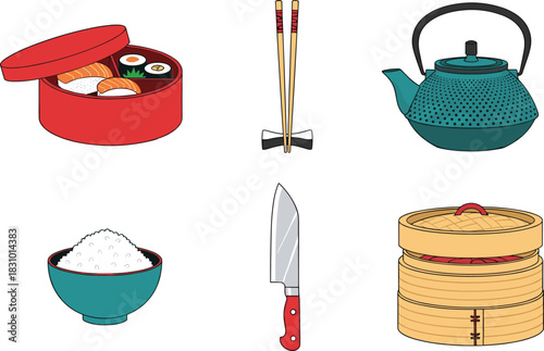 Japanese food illustration set featuring sushi box, chopsticks, teapot, rice bowl, chef knife, and bamboo steamer for cooking, cuisine, and restaurant design