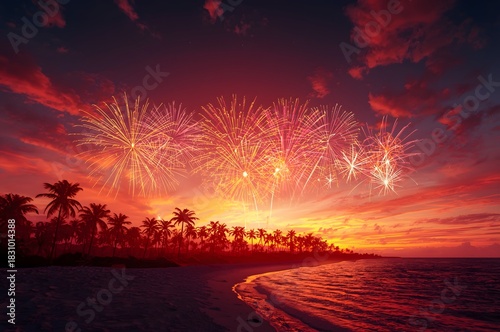 Fireworks Display Over Tropical Beach at Sunset