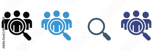 Magnifying glass people icon set, featuring search, recruitment, community, and connection symbols, illustrated in thin line and styles, modern vector graphics perfect for apps, websites, 