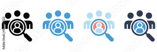 Magnifying glass people icon set, featuring search, recruitment, community, and connection symbols, illustrated in thin line and  styles, modern vector graphics ideal for apps, websites, 