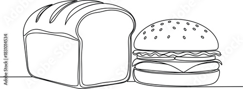Line art illustration of sliced bread loaf and classic burger, minimalist food drawing style for bakery, fast food, culinary design projects