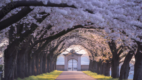 A magical pathway winding through an
ancient, overgrown garden. Cascading pink wisteria and ivy drape over stone archways, leading towards a soft, ethereal light in the distance. Lush greenery, vibran