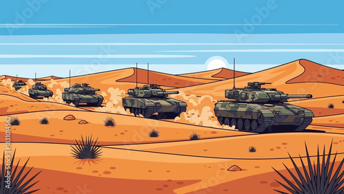A column of camouflaged military tanks advances through a vast desert landscape under a bright sun.