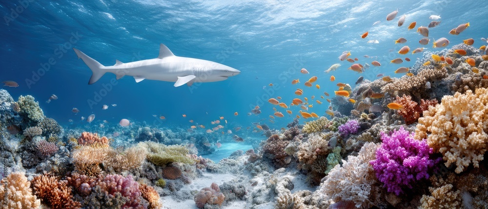 Obraz premium Underwater scene with a shark swimming among colorful coral reefs and small fish near a tropical ocean