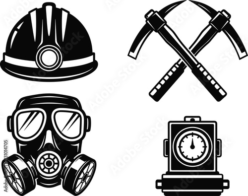 Mining equipment icons including hard hat, pickaxes, gas mask, and detonator, industrial safety illustration for construction, engineering, underground work, and hazard awareness