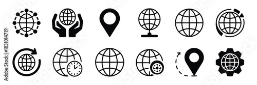 World Globe Flat Icon Set Featuring Earth Planet Symbols With Global Map Designs For Internet, Worldwide Communication, Globalisation Concepts, And Modern Connection Graphics