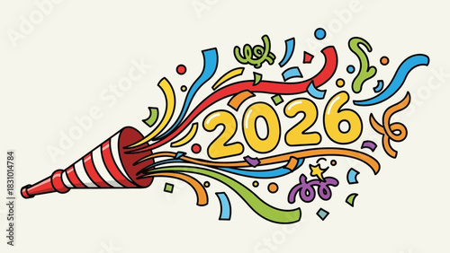 Happy new year 2026 celebration with confetti and party popper