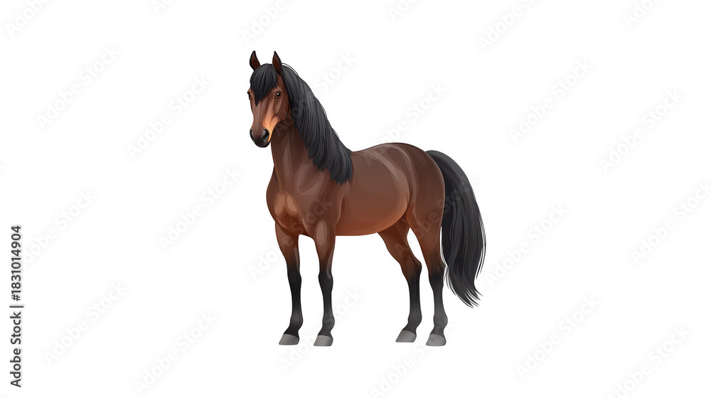 Obraz premium Brown horse standing with black mane and tail, realistic style, isolated on transparent background, elegant and calm expression, suitable for farm, animal, or equestrian themes