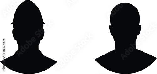 Vector Silhouettes of Anonymous Male Head and Shoulder Profiles, One Wearing a Helmet or Hard Hat, Ideal for Avatar Placeholders, User Icons, and Industrial Safety Themes