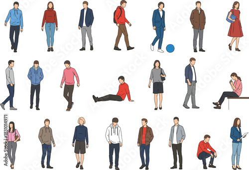 Modern illustrated people walking sitting standing in casual outfits diverse characters collection perfect for lifestyle design projects fashion advertising and editorial concepts