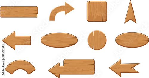 Vector Collection of Wooden Game UI Elements, Including Buttons and Directional Arrows in Various Shapes like Rectangles, Circles, and Ovals, with a Rustic Wood Grain Texture for Interface Design