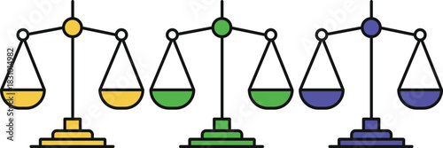 Three colorful balance scales with black outlines on white background scales of justice weighing