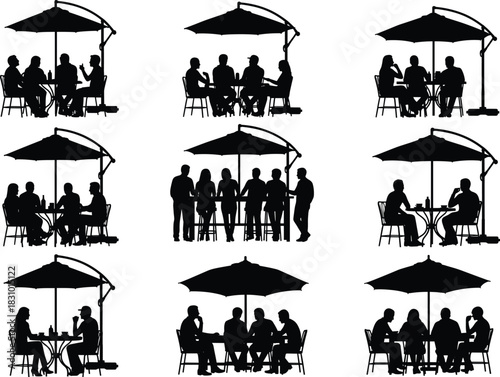 Outdoor café silhouettes featuring people sitting and talking under umbrellas, social gathering scenes perfect for lifestyle, community, restaurant and leisure design concepts