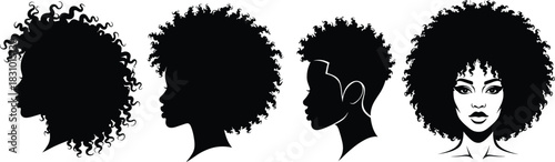 Vector Silhouette Collection of Beautiful African American Women's Profiles, Showcasing Different Natural Afro Hairstyles, Including Tight Coils, Large Afros, and Short Styles, Celebrating Black Beaut