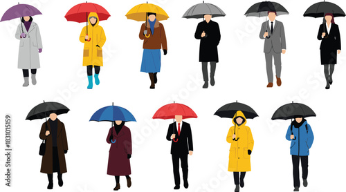 People walking with umbrellas in rainy weather wearing coats and raincoats diverse characters illustration for seasonal weather protection and urban scenes