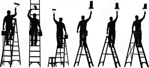Vector Silhouette Collection of Painters and Decorators on Ladders, Reaching Up with Paint Rollers, Illustrating Home Renovation, Construction Work, and Professional Maintenance Services