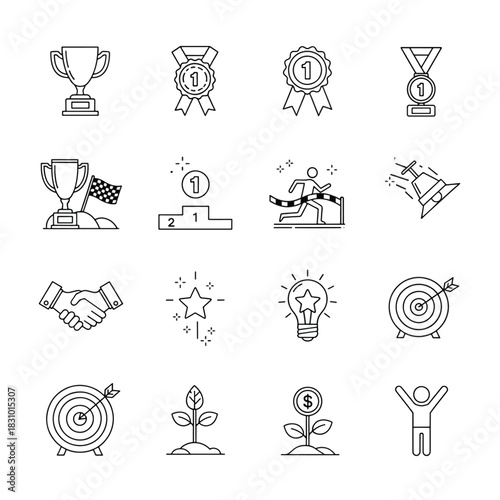 Set of success and achievement icons simple line vector symbols for business and sports isolated on 