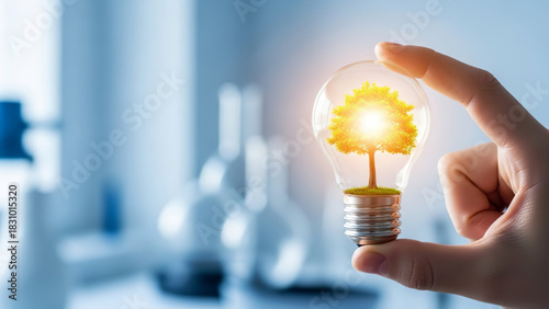 Hand holding light bulb with growing tree inside as symbol of green energy