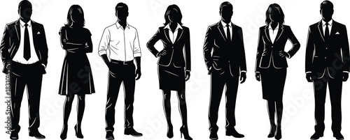 Professional business silhouettes of diverse corporate team standing in formal attire, elegant black and white vector illustration for office, branding, presentations