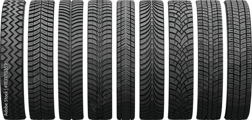 Realistic Vector Collection of Tire Treads in Vertical View, Showcasing Different Rubber Patterns for All-Season, Winter, and Performance Vehicles, Ideal for Automotive and Transport Themes