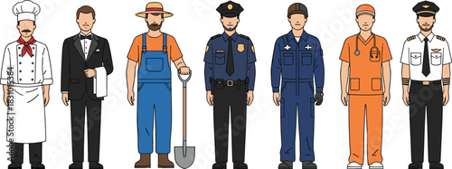 Professional occupations illustration featuring chef, waiter, farmer, police officer, mechanic, doctor and pilot standing in uniform, diverse career character set