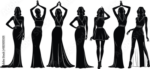 Vector Silhouette Collection of Glamorous Women in Elegant Evening Gowns, Long Dresses, and Cocktail Attire, Striking Various Fashion Poses, Ideal for Beauty, Event, and Style Themes