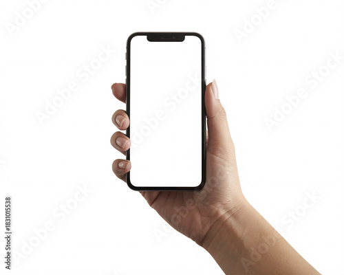Showcase your app with a modern smartphone held in hand against a bright white background perfect for advertising, mockups, and UI design promotions