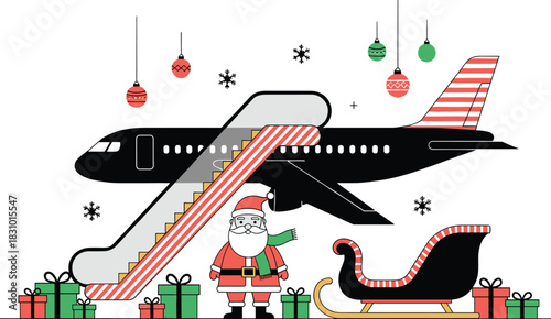 Santa Claus arriving by airplane with gifts and sleigh, festive Christmas travel illustration featuring holiday decorations, winter celebration and seasonal adventure