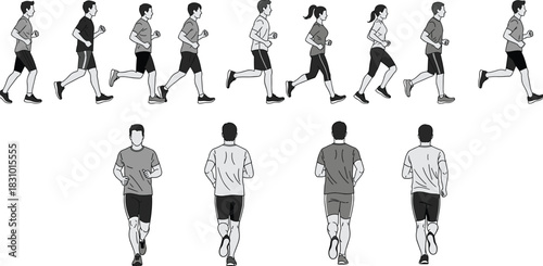 Running motion sequence illustration showing men and women jogging from multiple angles fitness workout exercise poses for sports training design