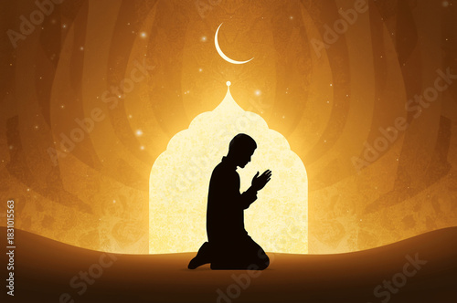 Silhouette of a man kneeling in a traditional islamic prayer pose with a crescent moon and mosque arch in the glowing golden background