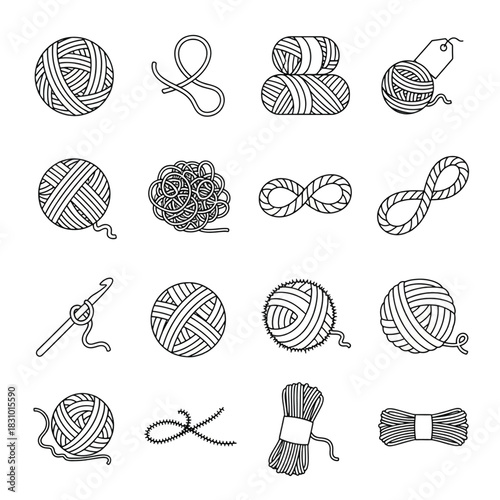 Set of yarn ball icons vector line art illustration for knitting and craft projects isolated on whit