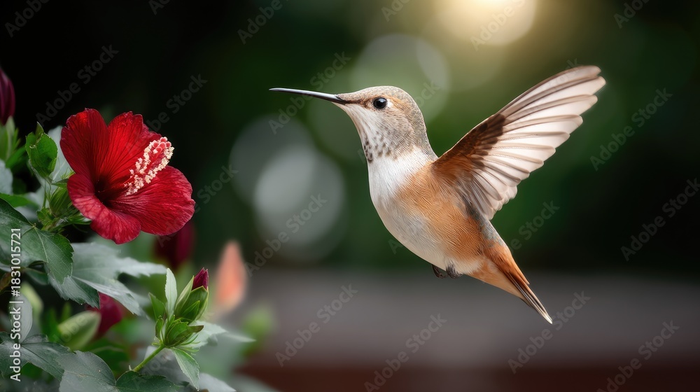 Fototapeta premium Colorful hummingbird hovering near bright red flower in a lush garden during a sunny afternoon