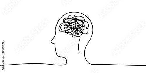 Single line drawing of a head with tangled lines inside representing thoughts
