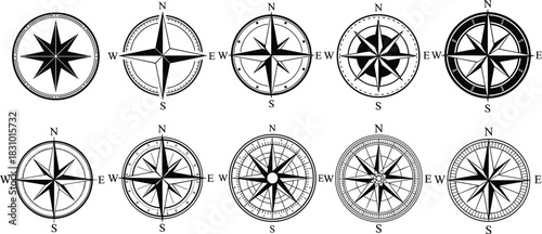 Set of detailed compass rose symbols and navigation direction icons, vintage nautical windrose designs for maps, exploration graphics, maritime projects