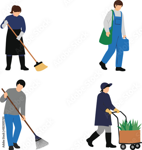 Set of workers performing cleaning and gardening tasks, flat illustration of labor people sweeping, raking, carrying tools and doing outdoor maintenance