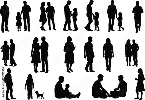 Silhouette collection of adults, couples, parents and children walking standing interacting in various poses for family relationship concept illustration design