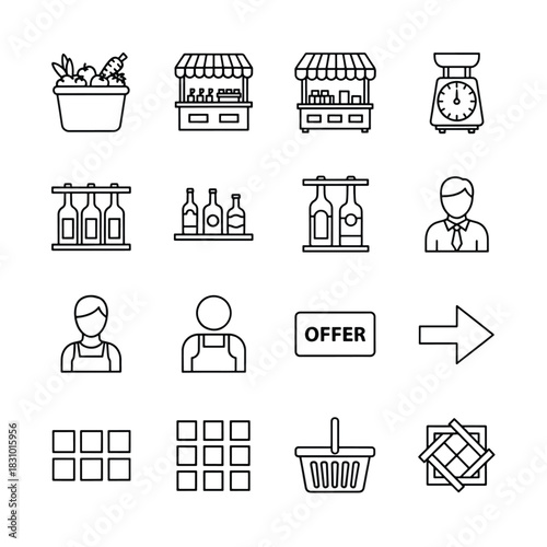 Set of market and shop icons simple line vector illustration for web and mobile design isolated on w