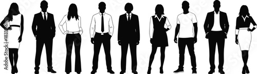 Silhouette illustration of diverse business professionals and casual people standing in various poses for corporate design, presentation, branding, and creative projects