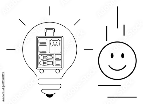 Travel concept. Travel by a light bulb with a suitcase and a happy face. Travel blending innovation, efficient packing, and joyful adventures. For tourism, packing tips, and lifestyle