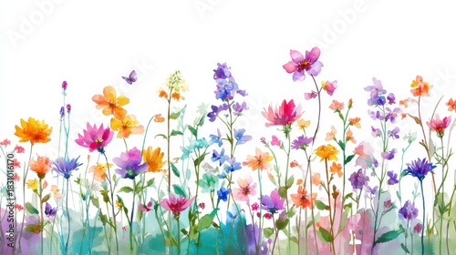 Fototapeta Naklejka Na Ścianę i Meble -  Watercolor floral meadow with vibrant wildflowers and delicate butterfly creating a spring and summer fantasy garden against white background