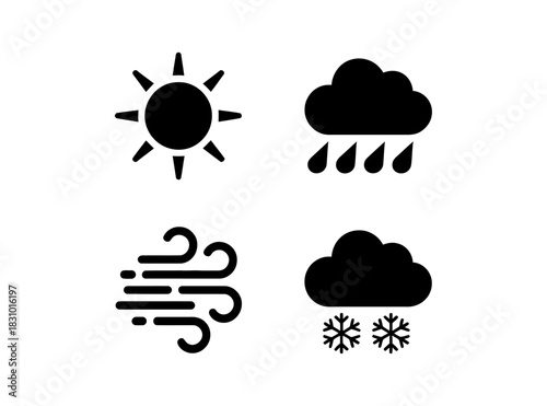 Weather icons showing sun rain wind and snow on a white background in black color